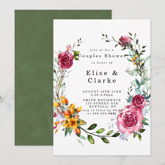 Boho Pink Burgundy Floral Couples Shower Invites (Front/Back)