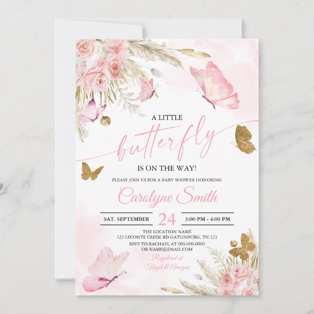 Boho Pink Butterfly Baby Shower Invitation (Front)