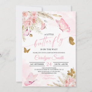 Boho Pink Butterfly Baby Shower Invitation