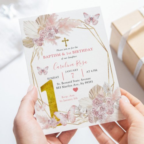 Boho Pink Butterfly Baptism and First Birthday Invitation