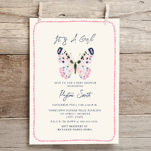 Boho Pink Butterfly Doodle Border Girl Baby Shower Invitation
