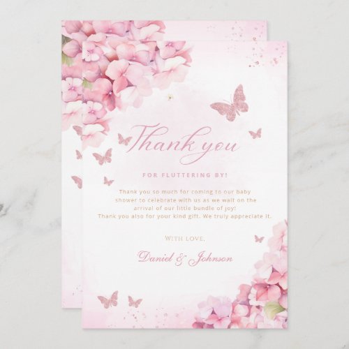 Boho Pink Butterfly Kisses Floral Girl Baby Shower Thank You Card