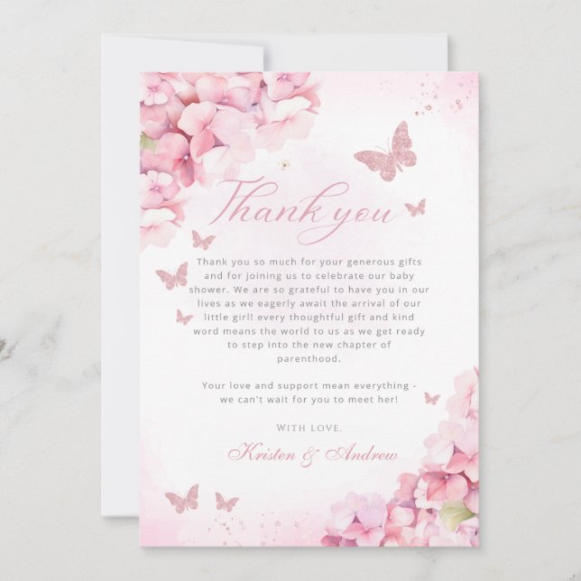 Boho Pink Butterfly Kisses Floral Girl Baby Shower Thank You Card (Front)