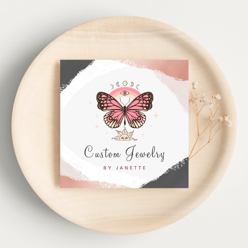 Boho Pink Butterfly Mystic Moon Handmade Jewelry Square Business Card