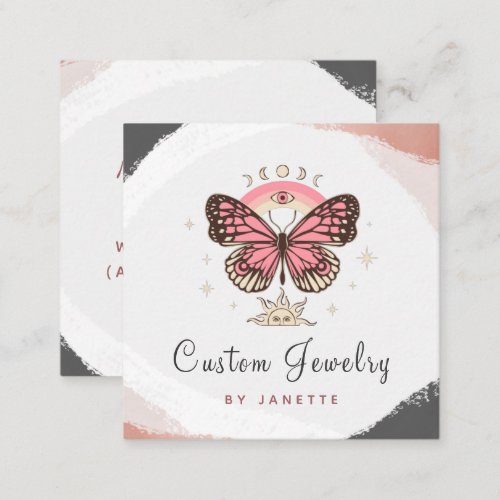 Boho Pink Butterfly Mystic Moon Handmade Jewelry Square Business Card