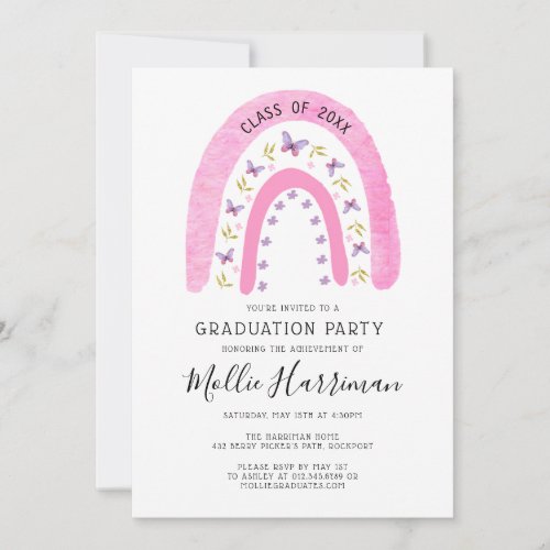 Boho Pink Butterfly Rainbow Girly Graduation Invitation