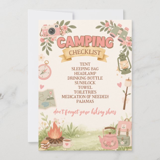Boho Pink Camping Checklist  Invitation (Front)