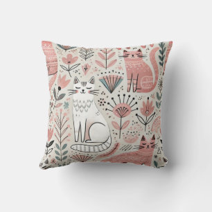 Boho Pink Cat Pattern Decorative Pillow