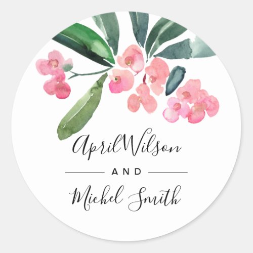 BOHO PINK CHRIST THORN BLOOM WATERCOLOR WEDDING CLASSIC ROUND STICKER