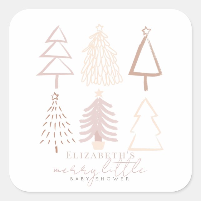 Boho Pink Christmas Trees Baby Shower Square Sticker (Front)