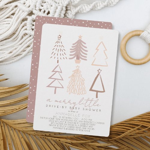 Boho Pink Christmas Trees Drive_by Baby Shower Invitation