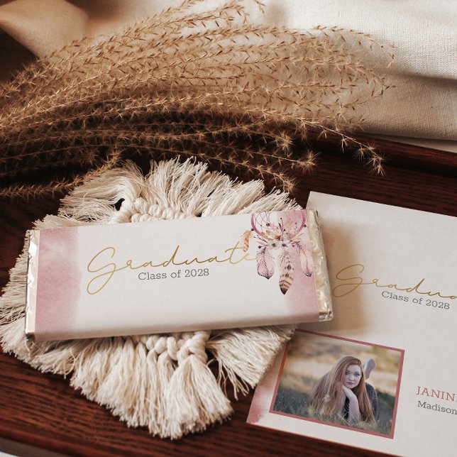 Boho Pink Class of Add Photo Graduation Hershey Bar Favors (Creator Uploaded)