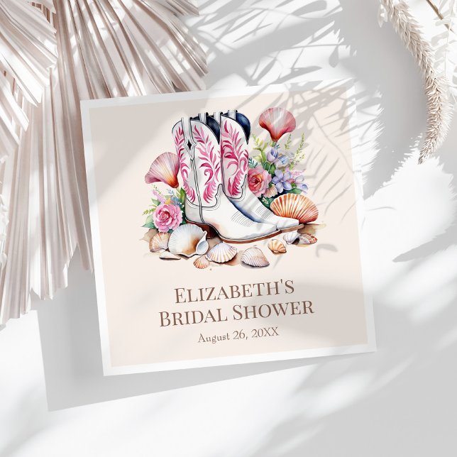Boho Pink Coastal Cowgirl Boots Bridal Shower Napkins (Boho Pink Coastal Cowgirl Boots Bridal Shower Napkins on a sunny white table.)