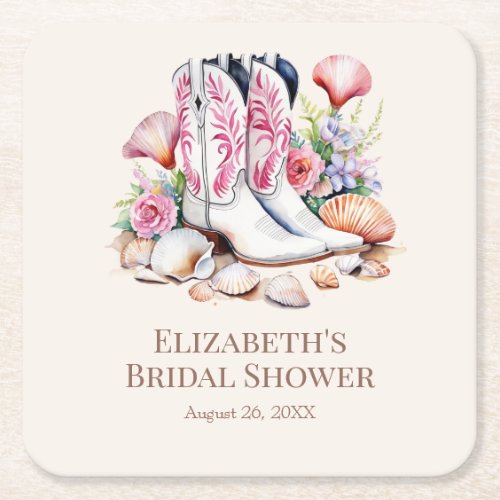 Boho Pink Coastal Cowgirl Boots Bridal Shower Square Paper Coaster