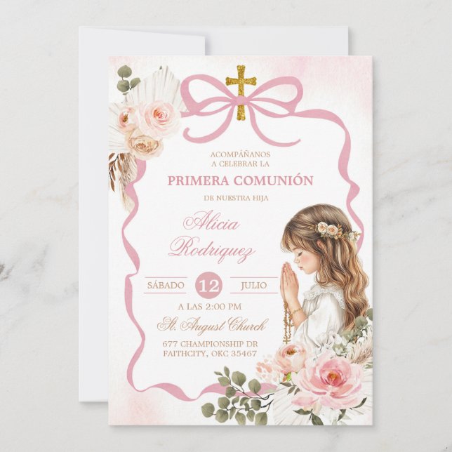 Boho Pink Coquette Pampass Grass First Holy Commun Invitation (Front)