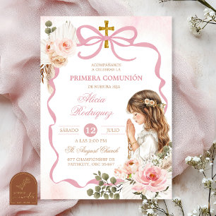 Boho Pink Coquette Pampass Grass First Holy Commun Invitation