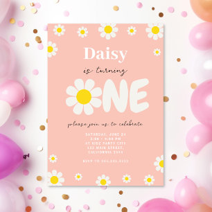 Boho Pink Cute Daisy Flowers 1st Birthday Invitation