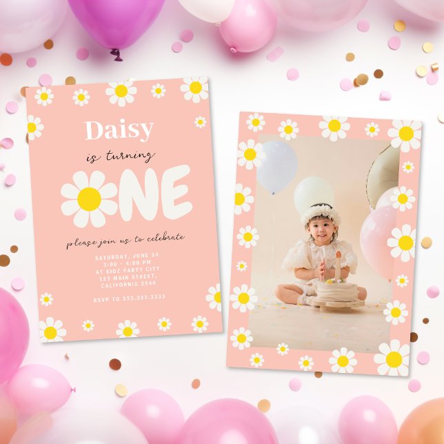 Boho Pink Cute Daisy Flowers 1st Birthday Photo Invitation (Creator Uploaded)