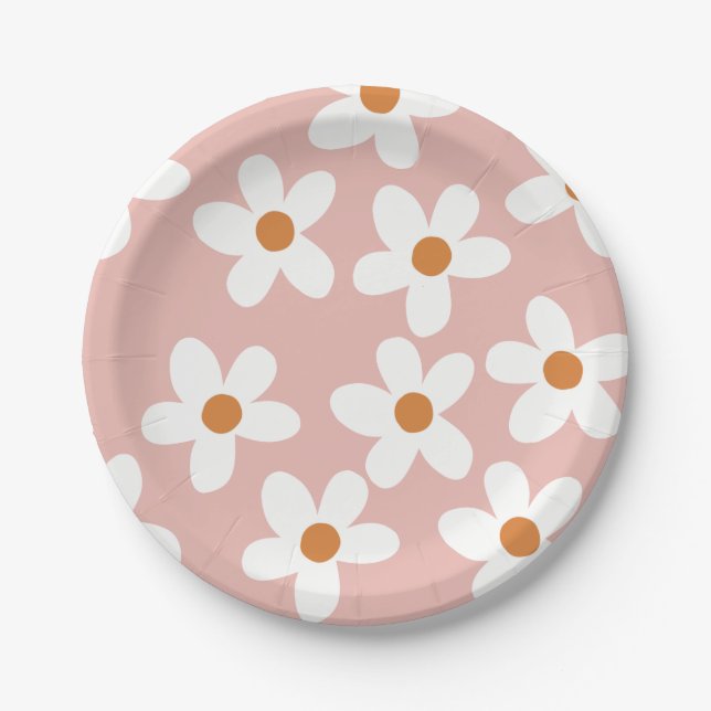 Boho Pink Daisy Birthday  Paper Plates (Front)