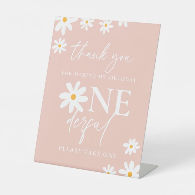 Boho Pink Daisy Floral Groovy Birthday Party Favor Pedestal Sign (Front)