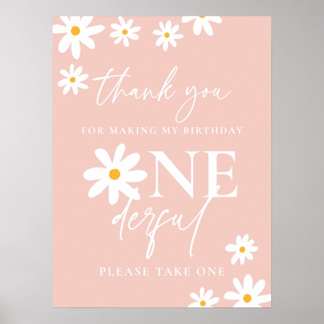 Boho Pink Daisy Floral Groovy Birthday Party Favor Poster (Front)