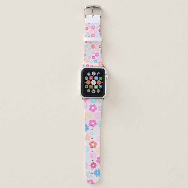 Boho Pink Daisy Flowers Pattern Apple Watch Band (Front)