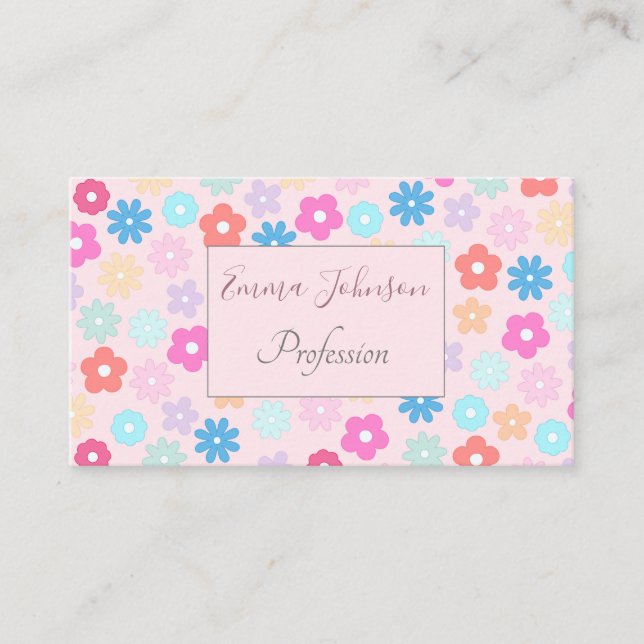 Boho Pink Daisy Flowers Pattern Business Card (Front)