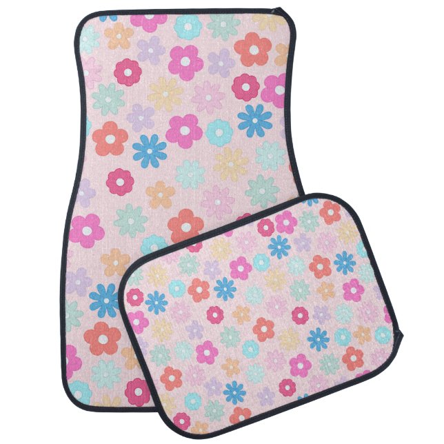 Boho Pink Daisy Flowers Pattern Car Floor Mat (Set)