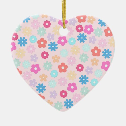 Boho Pink Daisy Flowers Pattern Ceramic Ornament