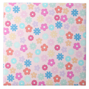 Boho Pink Daisy Flowers Pattern Ceramic Tile