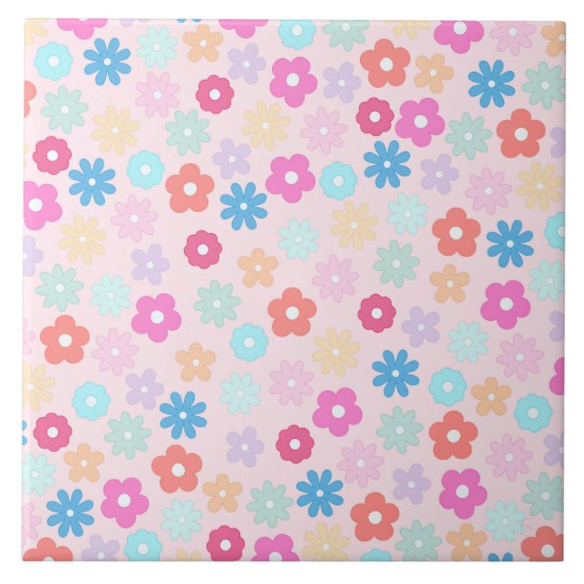 Boho Pink Daisy Flowers Pattern Ceramic Tile (Front)