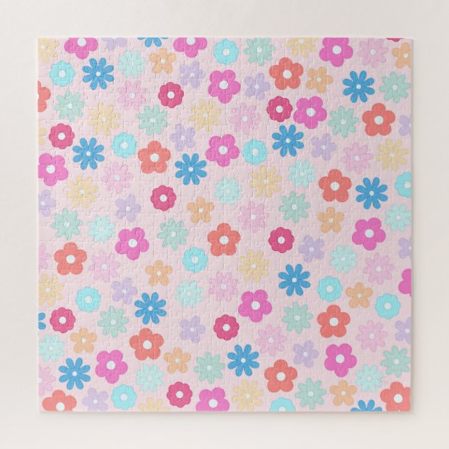Boho Pink Daisy Flowers Pattern Jigsaw Puzzle (Vertical)