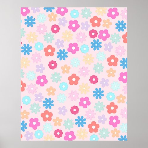 Boho Pink Daisy Flowers Pattern Poster