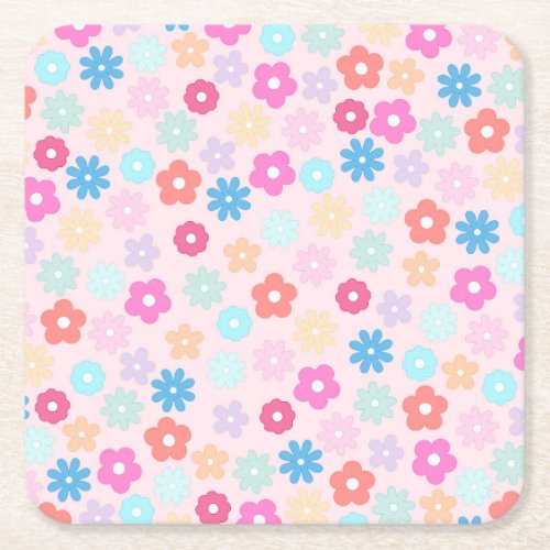 Boho Pink Daisy Flowers Pattern Square Paper Coaster