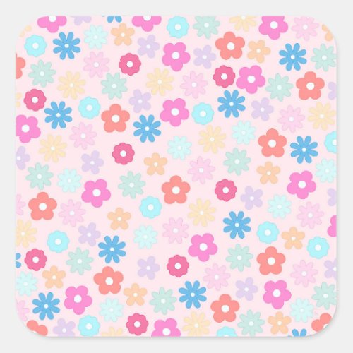 Boho Pink Daisy Flowers Pattern Square Sticker