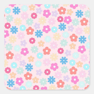 Boho Pink Daisy Flowers Pattern Square Sticker