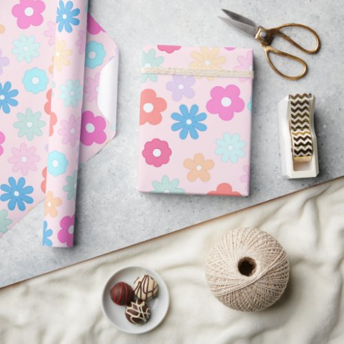 Boho Pink Daisy Flowers Pattern Wrapping Paper