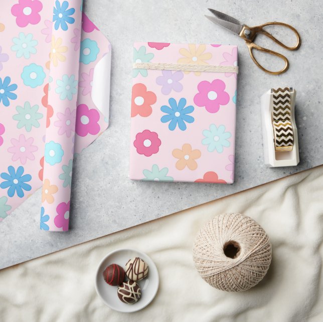 Boho Pink Daisy Flowers Pattern Wrapping Paper (Crafts)