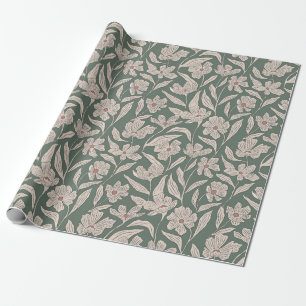 Boho Pink & Dark Green Hand Drawn Floral Pattern Wrapping Paper