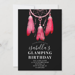 Boho Pink Dream Catcher Glamping Birthday Black Invitation
