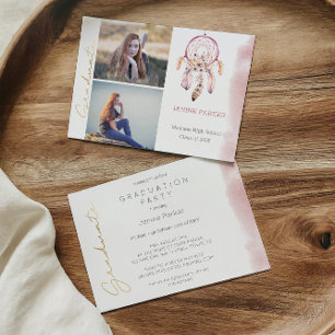 Boho Pink Dream Catcher Photo Graduation Party Invitation