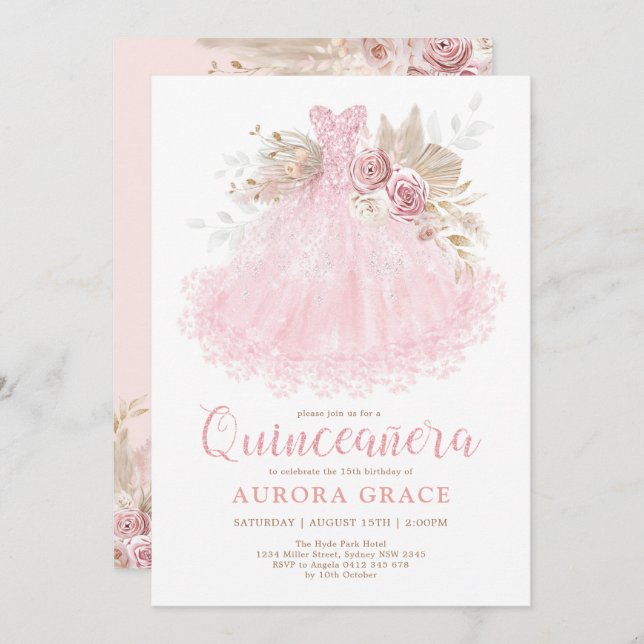 Boho Pink Dress Quinceañera Mis Quince 15 Años Invitation (Front/Back)