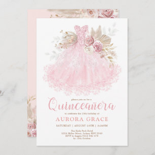 Boho Pink Dress Quinceañera Mis Quince 15 Años Invitation