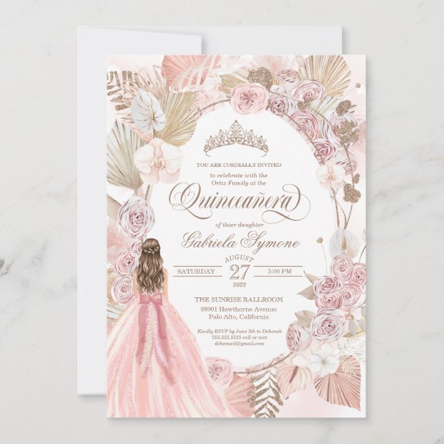 Boho Pink Dried Floral Roses Quinceanera Birthday  Invitation (Front)