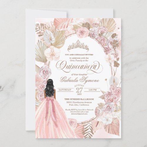 Boho Pink Dried Floral Roses Quinceanera Birthday Invitation