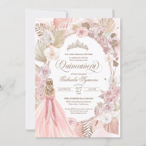 Boho Pink Dried Floral Roses Quinceanera Birthday  Invitation