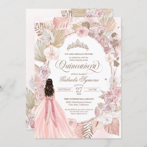 Boho Pink Dried Floral Roses Quinceanera Birthday Invitation | Zazzle