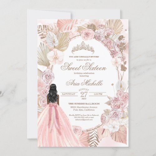 Boho Pink Dried Floral Roses Sweet 16 Birthday Inv Invitation