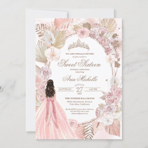 Boho Pink Dried Floral Roses Sweet 16 Birthday Invitation