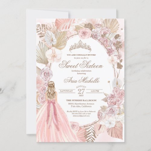 Boho Pink Dried Floral Roses Sweet 16 Birthday Invitation